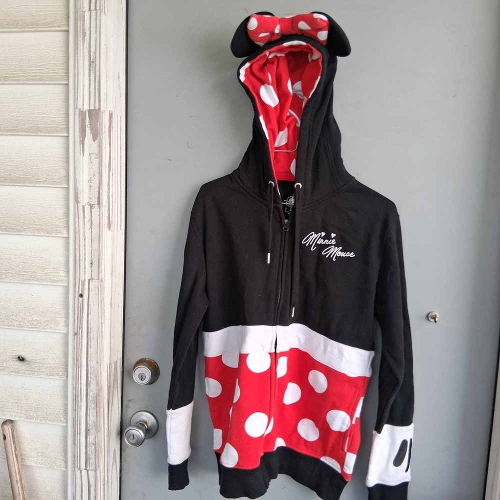 Disney Parks WDW Minnie Mouse Full Zip Hoodie Hooded Sweatshirt Jacket Ears L...